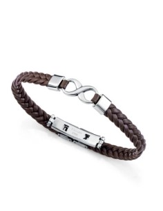 Pulsera de hombre de acero y piel marrón trenzada