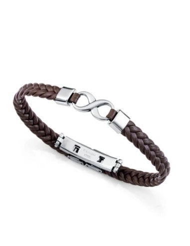 Pulsera de hombre de acero y piel marrón trenzada