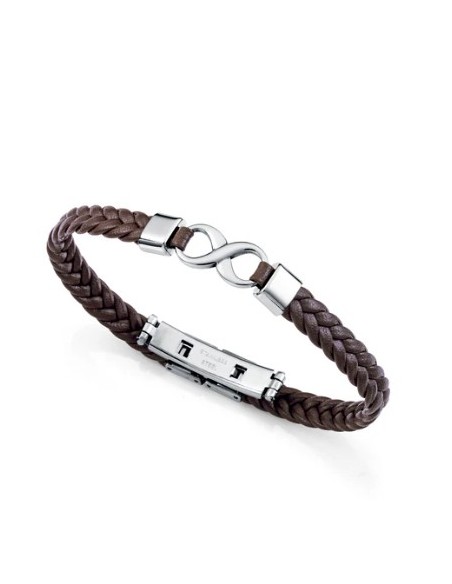 Pulsera de hombre de acero y piel marrón trenzada