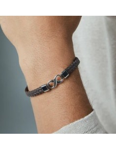 Pulsera de hombre de acero y piel marrón trenzada 2