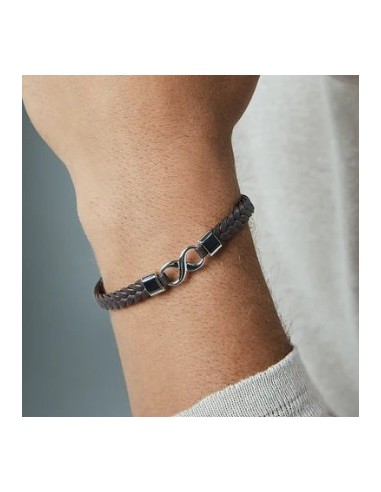 Pulsera de hombre de acero y piel marrón trenzada