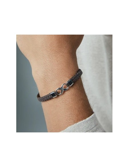 Pulsera de hombre de acero y piel marrón trenzada