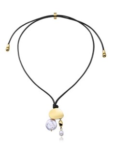 Collar de mujer de acero Ip dorado y cordón negro 