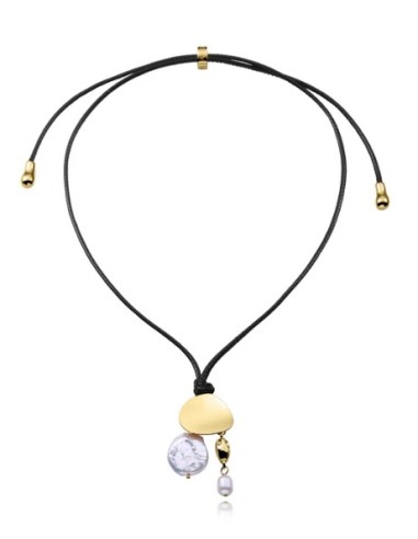 Collar de mujer de acero Ip dorado y cordón negro 