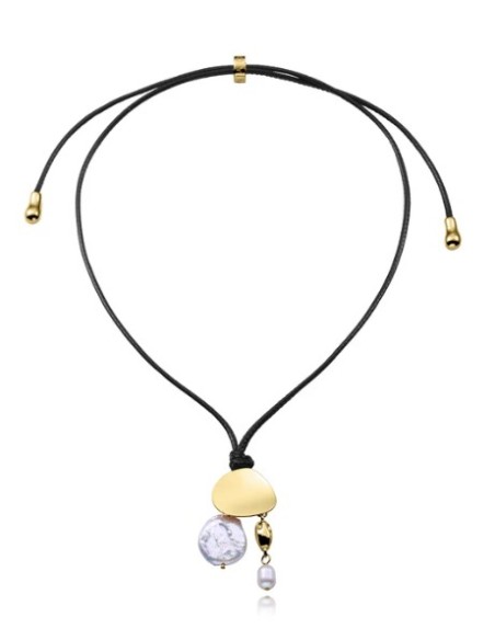 Collar de mujer de acero Ip dorado y cordón negro 
