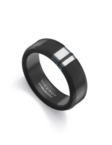 Anillo de acero Ip negro con detalle de acero