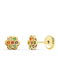 PENDIENTES ORO 18k FLOR CON CIRCONITA COLORES