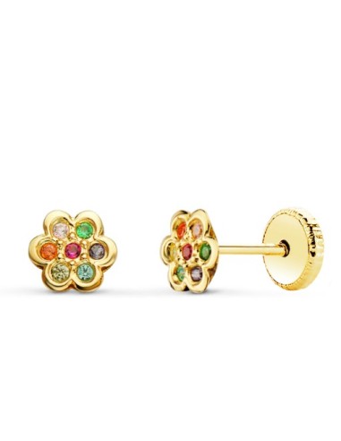 PENDIENTES ORO 18k FLOR CON CIRCONITA COLORES