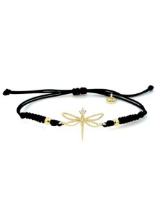 Pulsera de oro 9K con libélula y cordón negro ajustable