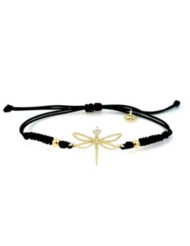 Pulsera de oro 9K con libélula y cordón negro ajustable
