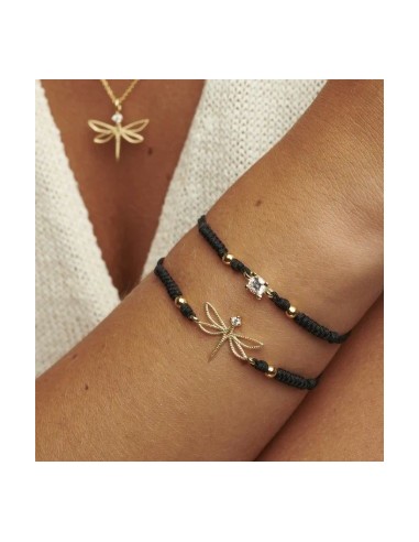 Pulsera de oro 9K con libélula y cordón negro ajustable