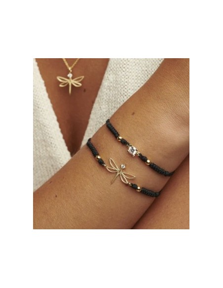 Pulsera de oro 9K con libélula y cordón negro ajustable