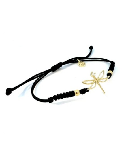 Pulsera de oro 9K con libélula y cordón negro ajustable
