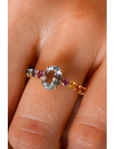 Anillo piedra central aiguamarina oro de 18k 