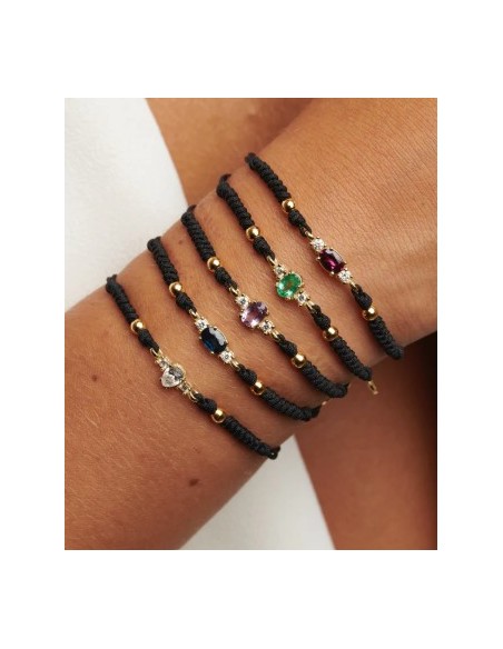 Pulsera de oro 9K con piedra verde y cordón negro ajustable