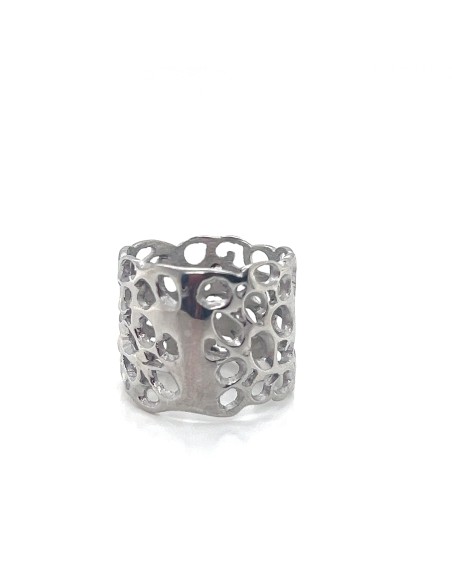 Anillo ancho en latón bañado en plata con diseño orgánico calado