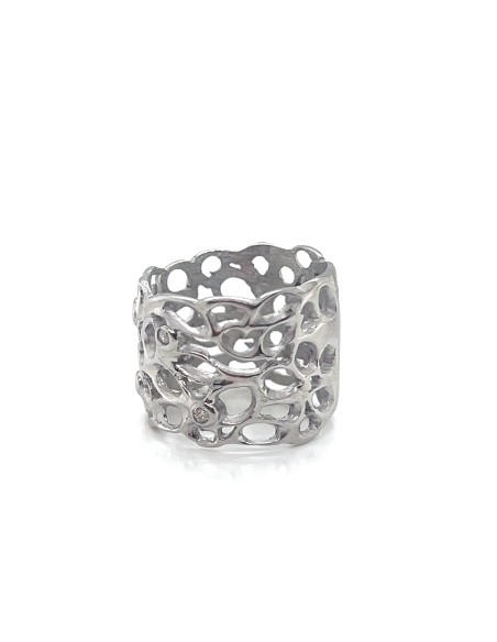 Anillo ancho en latón bañado en plata con diseño orgánico calado