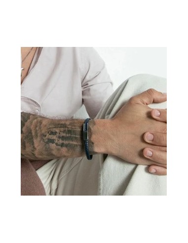PULSERA DE HOMBRE DE ACERO CON PIEL TRENZADA AZUL