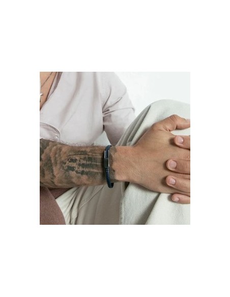 PULSERA DE HOMBRE DE ACERO CON PIEL TRENZADA AZUL