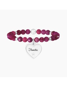 PULSERA ELÁSTICA  ÁGATA FUCSIA CORAZÓN ACERO