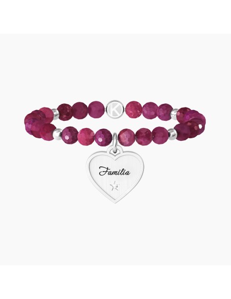 PULSERA ELÁSTICA  ÁGATA FUCSIA CORAZÓN ACERO