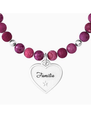 PULSERA ELÁSTICA  ÁGATA FUCSIA CORAZÓN ACERO