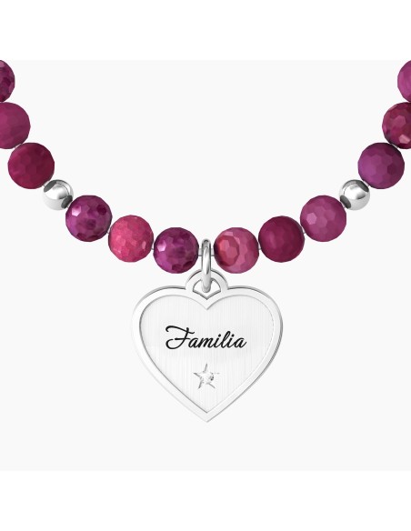 PULSERA ELÁSTICA  ÁGATA FUCSIA CORAZÓN ACERO