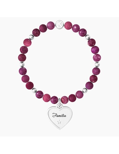 PULSERA ELÁSTICA  ÁGATA FUCSIA CORAZÓN ACERO