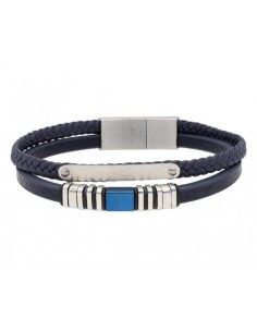 PULSERA PIEL Y ACERO MARINO PLACA