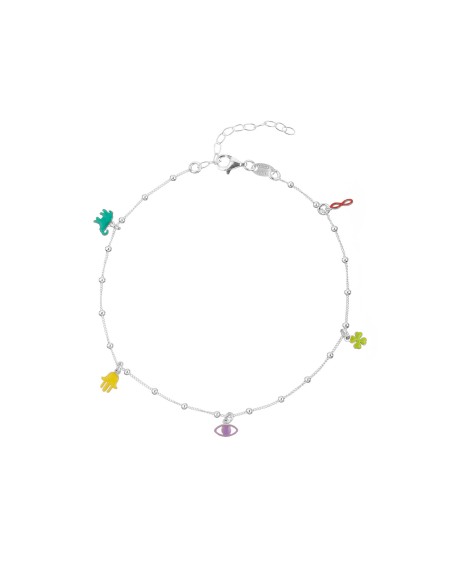 Tobillera Suerte - Multi Enamel - 21+5cm - Plata