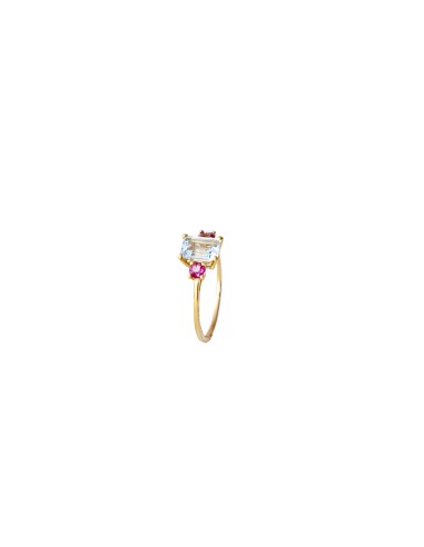 ANILLO TRILOGÍA TOPACIO ROSA Y AZUL ORO DE 18K