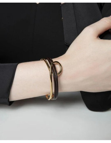 Pulsera de mujer de acero dorado y piel negra