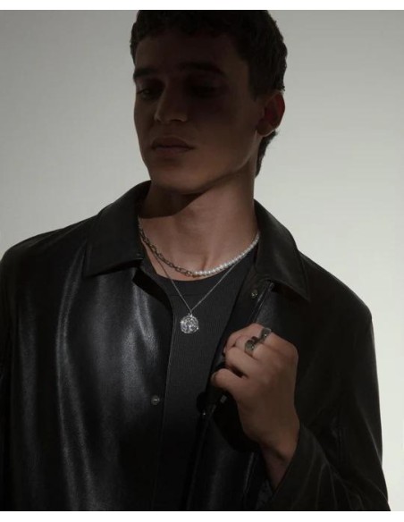 Collar de hombre de acero y perlas naturales