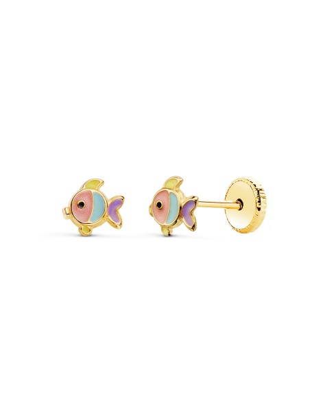 18K PENDIENTES bebé ORO PECES ESMALTE COLORES
