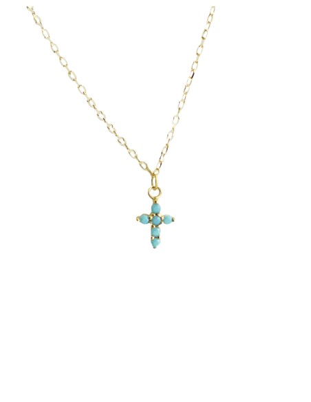 Gargantilla de Oro de 18k Cruz y Piedras Turquesa