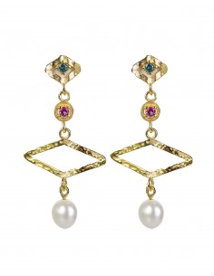 Pendientes en Plata Ch con Gemas de Color y Perla 