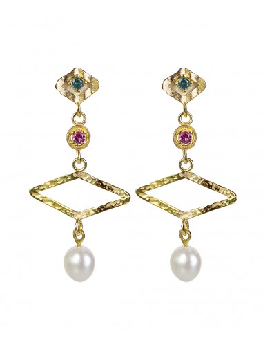 Pendientes en Plata Ch con Gemas de Color y Perla 