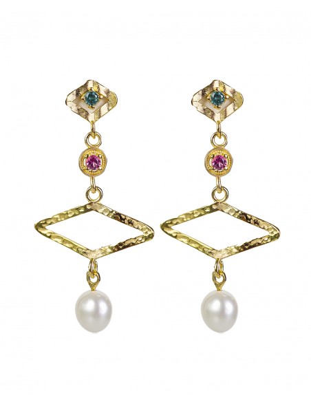 Pendientes en Plata Ch con Gemas de Color y Perla