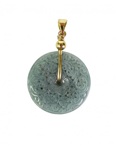 Colgante redondo de jade grabado con flor Oro 