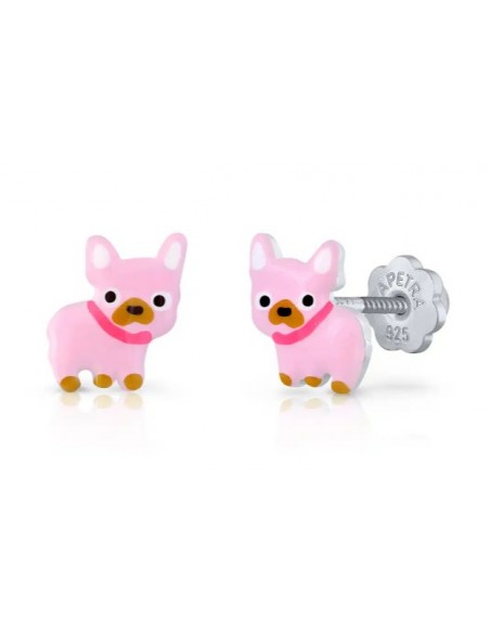 Pendientes Bulldog Baby rosa Rosca PLATA DE 1ª LEY