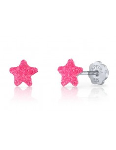 Pendientes estrella purpurina fucsia PLATA