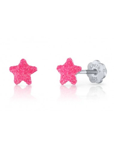 Pendientes estrella purpurina fucsia PLATA