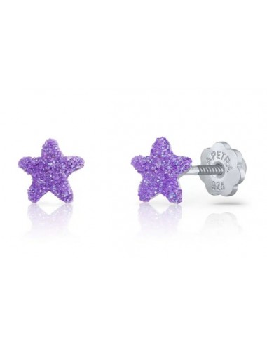 Pendientes estrella purpurina lila PLATA