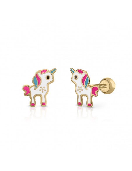 PENDIENTES UNICORNIO ROSA ORO DE 18K