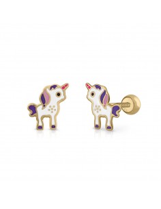 PENDIENTES UNICORNIO LILA ORO DE 18K