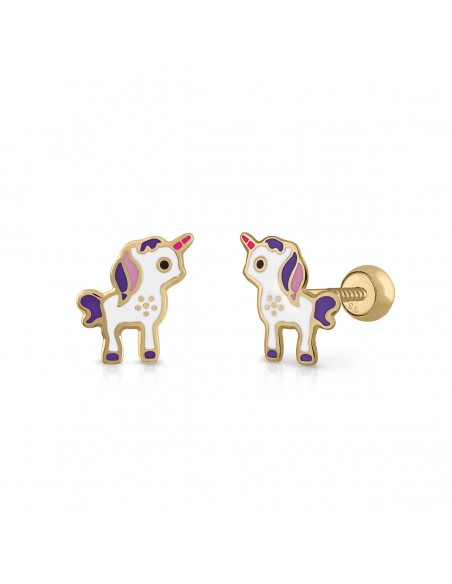 PENDIENTES UNICORNIO LILA ORO DE 18K