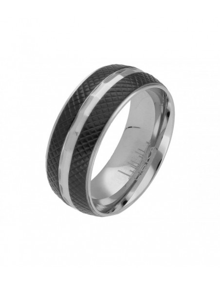 ANILLO HOMBRE ACERO NEGRO Y PLATEDAO RELIEVE