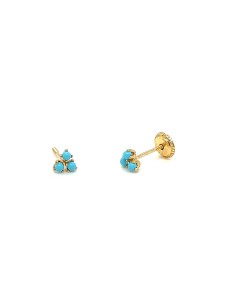 PENDIENTES TRES BOLITAS AZUL ROSCA ORO DE 18K