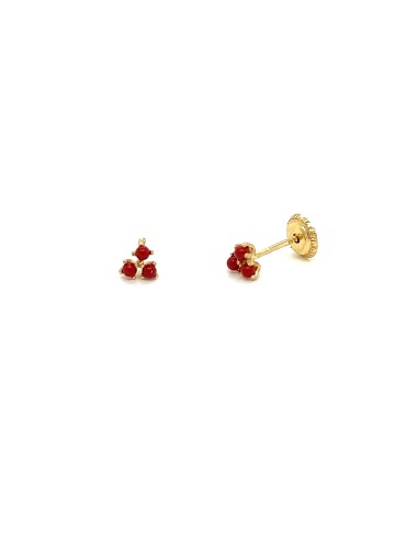 PENDIENTES TRES BOLITAS ROJO ROSCA ORO DE 18K