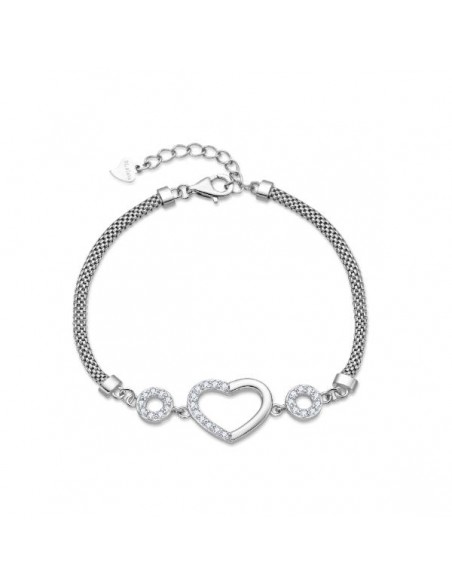 Pulsera de plata con corazón central y circonitas